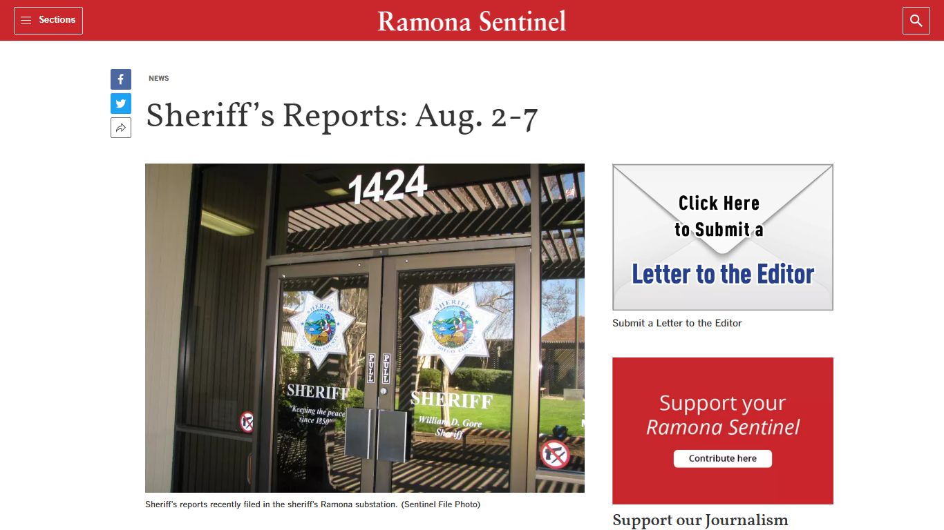 Sheriff's Reports: Aug. 2-7 - Ramona Sentinel